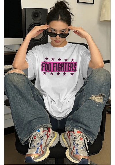 Sevbano Foo Fighters Rock Metal Müzik Grubu Baskılı Unisex Oversize Premi Beyaz