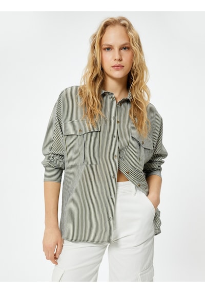 Koton Oversize Gömlek Uzun Kollu Düğmeli Cepli Viskon Karışımlı Haki Çizgili 4sak60286pw Haki Koton Oversize Gömlek Uzun Kollu Düğmeli Cepli Viskon Karışımlı Haki Çizgili 4sak60286pw Haki