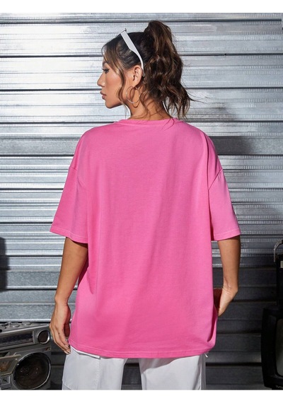 Noıssey Karikatür Ve Grafik Tasarım Oversize T-shirt Cartoon/letter Serisi Kod762 Pembe