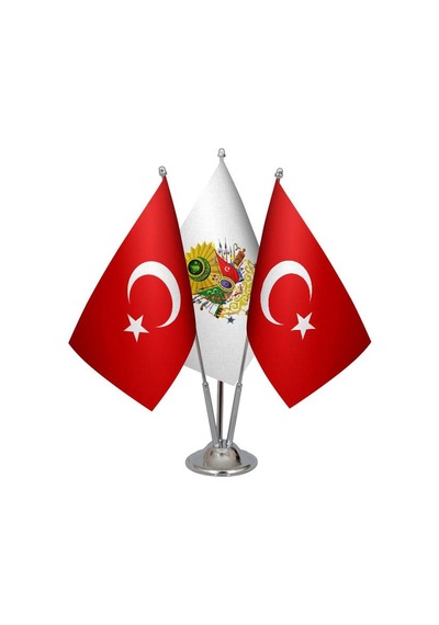 Masa Üstü Osmanlı Arması Bayrağı Türk Bayrağı Üçlü Krom Direk Mas
