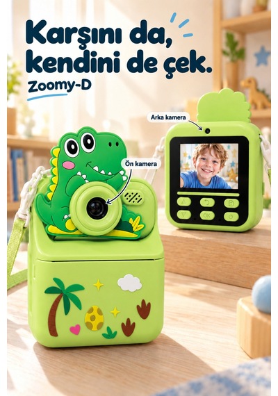 Kj/zm-002 Zoomy-d Dinozor Figürlü Anında Baskılı Çocuk Fotoğraf Makinesi, Çift Kamera, 2,4 İnç Ekran, 1080p Video, 3+ Yaş Yeşil