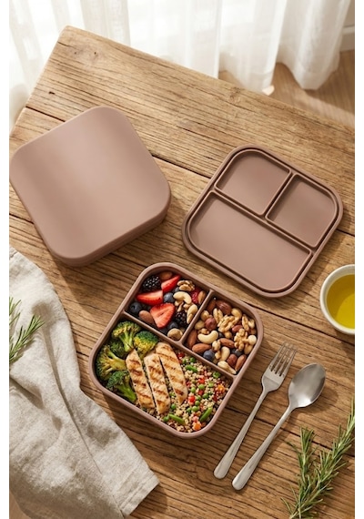 3 Bölmeli Silikon Saklama Kabı Kapaklı, Sızdırmaz, Lunch Box & Öğün Kabı Toprak Renk Toprak