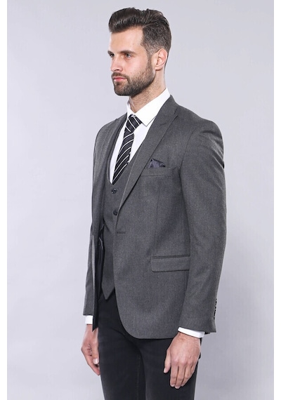Düz Gri Slim Fit Yelek Ceket Set Wessi 001