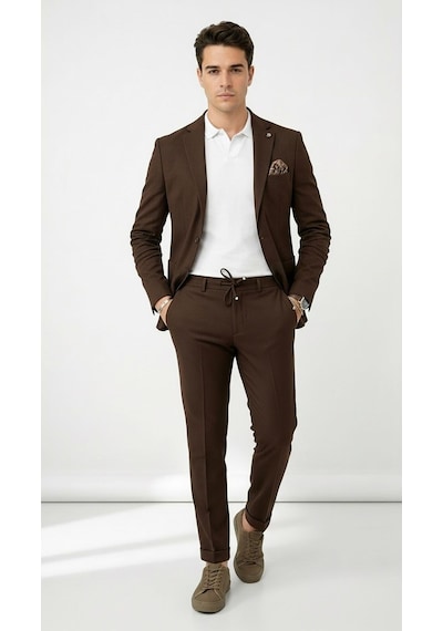 Pike Kumaş Jogger Pantolonlu Erkek Takım Elbise Torba Cepli Tek Düğme Slim Fit Kombin Kahverengi Pike Kumaş Jogger Pantolonlu Erkek Takım Elbise Torba Cepli Tek Düğme Slim Fit Kombin Kahverengi