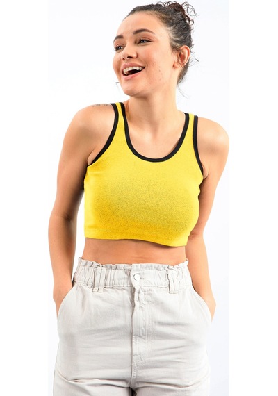 Tommy Life Sarı Basic Sıfır Kol Dar Kalıp U Yaka Kadın Crop Top Atlet - 97162 Sarı
