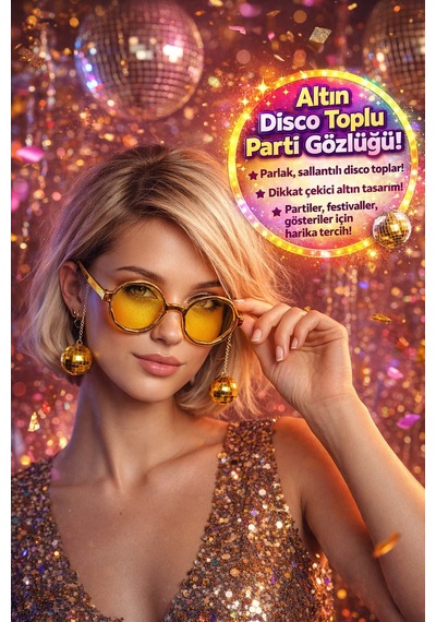Gold Disco Toplu Parti Gözlüğü Yetişkin Kostüm Aksesuarı Retro Festival Yılbaşı Kadın Erkek Eğlence