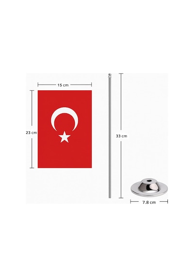 Türk Masa Bayrağı 15 X 23 Cm Çift Taraflı Baskılı Lüks Saten Kumaş 33 Cm Krom Direkli, 7.8 Cm Ağır Me 1