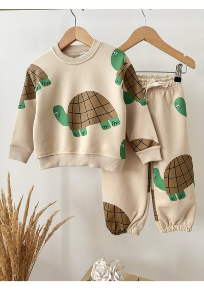 Magu Çocuk Oversize Kaplumbağa Desenli Bej Sweatshirt Ve Eşofman Altı Takımı Çok Renkli