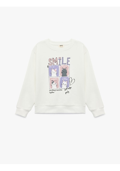 Koton Uzun Kollu Bisiklet Yaka Kedi Baskılı Şardonlu Sweatshirt Ekru 6wkg10574ak