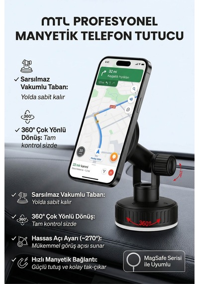Güçlü Manyetik Araç İçi Telefon Tutucu 360 Döner Başlık Ekstra Güçlü Mıknatıs Magsafe Uyumlu Mt6087 Siyah