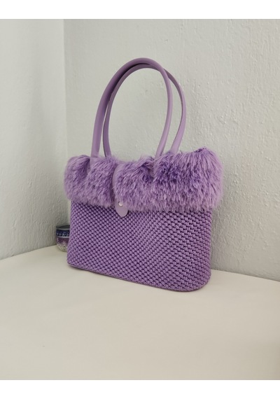 Fikriharika Design Lilac, Kürk Detaylı, Büyük Boy Kadın Omuz Çantası Leylak