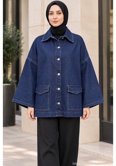 Polo State Oversize Cep Detaylı Tesettür Denim Ceket Lacivert