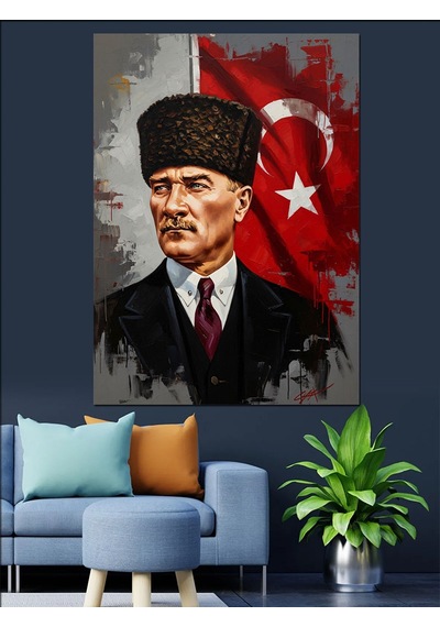 Atatürk Ve Şanlı Türk Bayrağı Dekoratif Kanvas - Mdf Ahşap Tablo