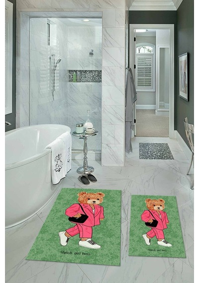 Buççin Online Mağaza Dijital Baskılı Kaymaz Taban Yıkanabilir İkili Banyo Takımı Klozet Takımı Polyester Yeşil Çok Renkli