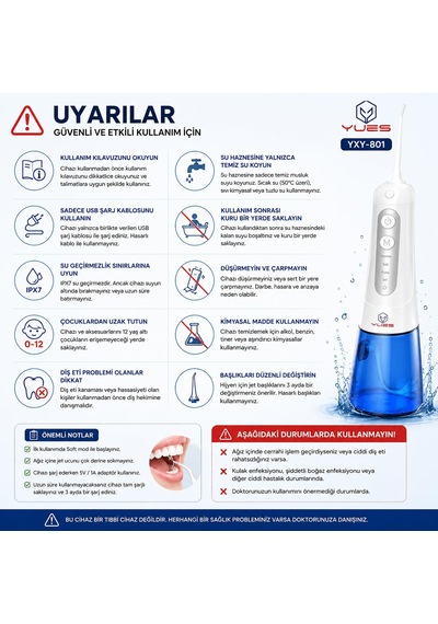 Yues Yxy-801 Şarjlı Ağız Duşu Ve Oral İrrigatör, 300 Ml Su Haznes