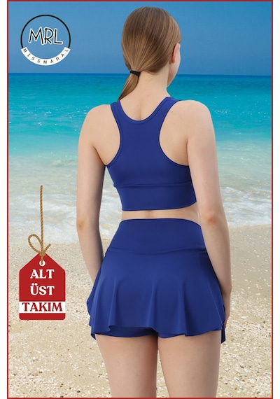 Missmaral Kadın Alt-üst Takım Şort & Sabit Pedli Üst Crop Denizde Havuzda Sporda Swimsuit Mavi Takım3107 Mavi