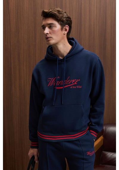Grimelange Phantoseas Erkek Kapüşonlu Önü Nakışlı Etek Ve Kol Triko Detaylı Lacivert Sweatshirt Lacivert