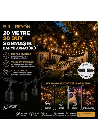 20 Metre 20 Duylu Su Geçirmez Sıralı Duy, Bahçe, Düğün - Nişan - İşletme - Organizasyon Armatürü Siyah