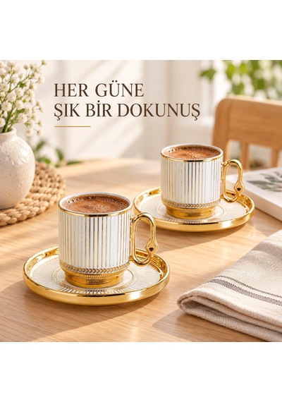 Valkyrie 12 Parça 6 Kişilik Türk Kahvesi Fincan Takımı 80ml Gold Detaylı 6 Fincan 6 Tabak K651-a