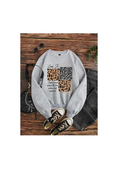 Medinenur Leopar Baskılı 2 İplik Şardonlu Bisiklet Yaka Swatshirt Gri