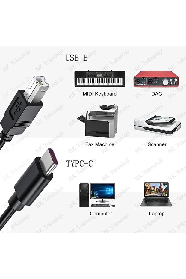 1.5 Metre Typec To Usb Printer Kablo MacBook Hp Canon Samsung Uyumlu Yazıcı Ara Kablosu Telefon Laptop Için 1.5m