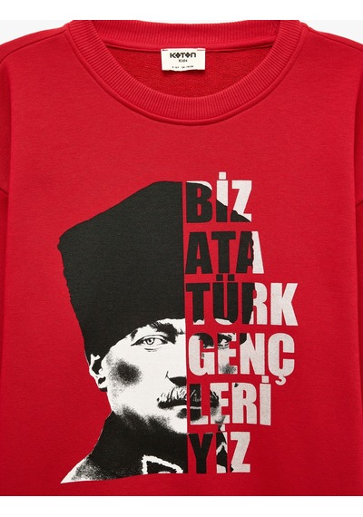 Koton Atatürk Baskılı Bisiklet Yaka Uzun Kollu Pamuklu Tişört Kırmızı 7wkb10538tk