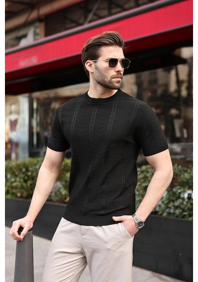 Siyah Bisiklet Yaka Slim Fit Triko Erkek Tişört E7466