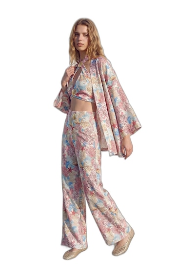 Çiçek Desenli Kısa Kimono Pembe Altın - Siyah