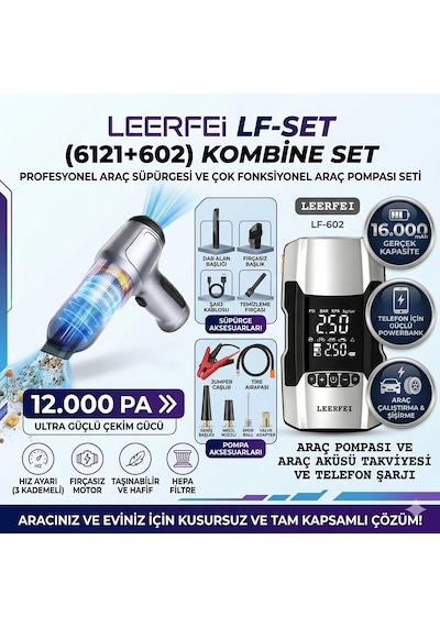 Leerfei Kombine Set: Akü Takviyeli Lastik Şişirme Pompası + Kablosuz Araç Süpürgesi + 16000mah Powerbank