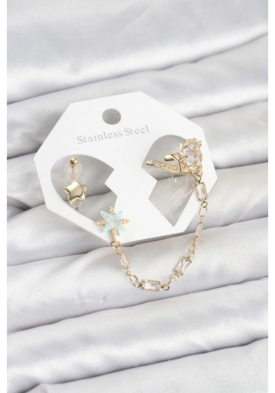 Mey İthalat Yıldız Model Pirinç Gold Renk Zincir Bağlantılı Ear Cuff Küpe Seti Çok Renkli