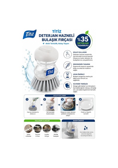 Titiz Deterjan Hazneli Bulaşık Fırçası, Basmalı Sıvı Deterjan Hazneli Mutfak Temizlik Fırçası, Ergonomik Tasarım Hijyenik Ve Uzun Ömürlü, Tencere, Tava, Tabak, Çok Amaçlı Temizlik Fırçası