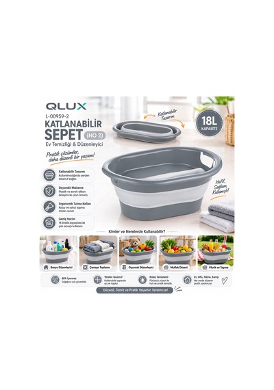 Qlux L-00959-2 Katlanabilir Sepet 18 Lt - Gri- 8'li Paket