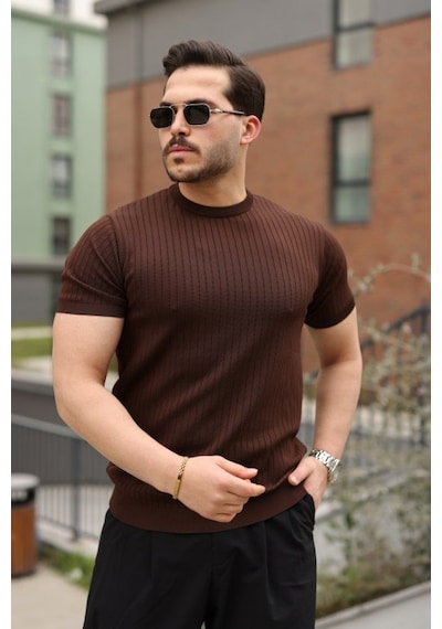 Efnaz Style Erkek Fitilli Bisiklet Yaka Triko Tişört Kahverengi