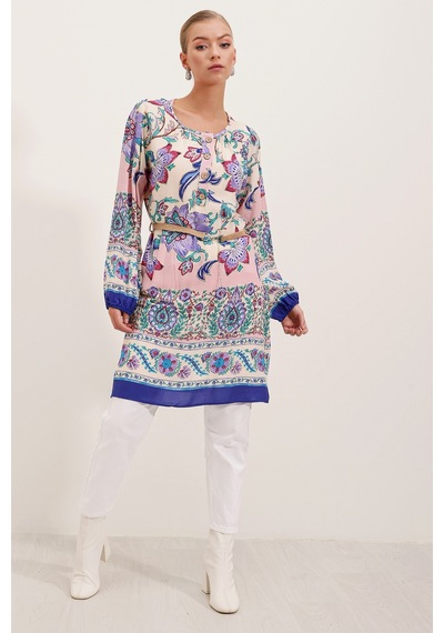 Bigdart 5902 Kemerli Desenli Elbise - Mor 001
