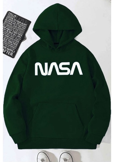 Medinenur Unisex Nasa Baskılı Kapüşonlu Sweatshirt Yeşil