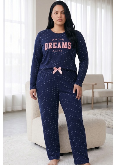 Siyah İnci Pamuklu Likralı Büyük Beden Battal Boy Örme Pijama Takım 26240888 Lacivert