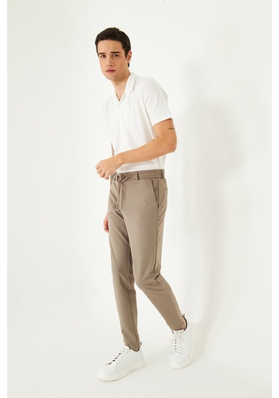 Bej Modern Kesim Bağcıklı Smart Casual Jogger Pantolon VİZON