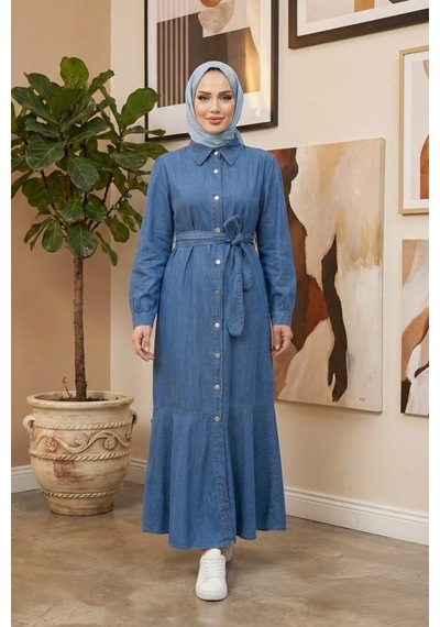Hb Harma Time Butik Kadın Düğmeli Kuşaklı Koyu Kot Mavi Elbise Koyu Mavi Koyu Mavi
