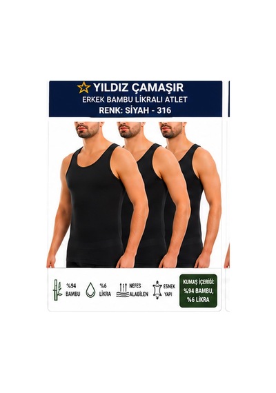 Yıldız Çamaşır Erkek Bambu Likralı Askılı Atlet 315-316-317-318 - 3 Adet Siyah