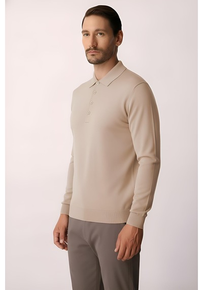 İgs Bej Standart Fit Dar Kalıp Polo Yaka Düz Uzun Kollu Triko-21906 Bej