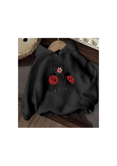 Herkesemoda Uğur Böcekleri Baskı Detaylı İçi Polarlı Kapüşonlu Sweatshirt Siyah