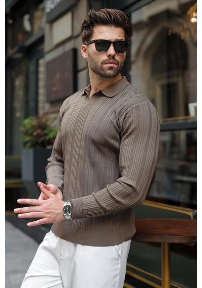 Madmext Açık Kahve Polo Yaka Desenli Over Fit Erkek Triko Kazak E7517 Açık Kahverengi