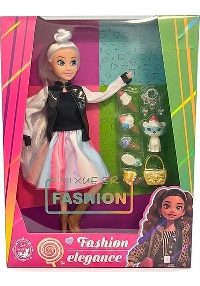 Kolej Ceketli Manken Bebek Seti - Gökkuşağı Eteklli Dondurma Aksesuarlı Ve Evcil Hayvanlı Oyuncak Moda Bebeği