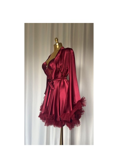 Mh Moony Homewears Kutuşu Feo Bordo Kol Detay Saten Gecelik Sabahlık Seti Olay Bordo