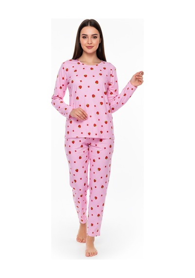 Bisiklet Yaka Süet Pijama Takımı 6001 Çilekli Pembe