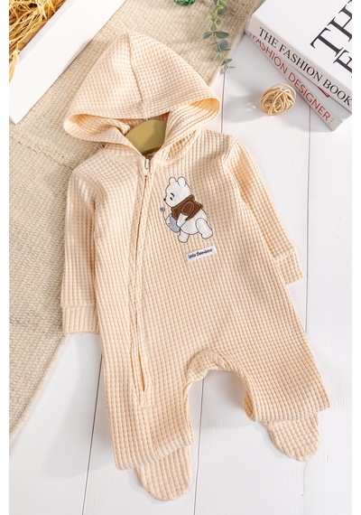 Babymod Kapişonlu Ayıcık Desenli 100% Pamuk Erkek Bebek Tulum Bej