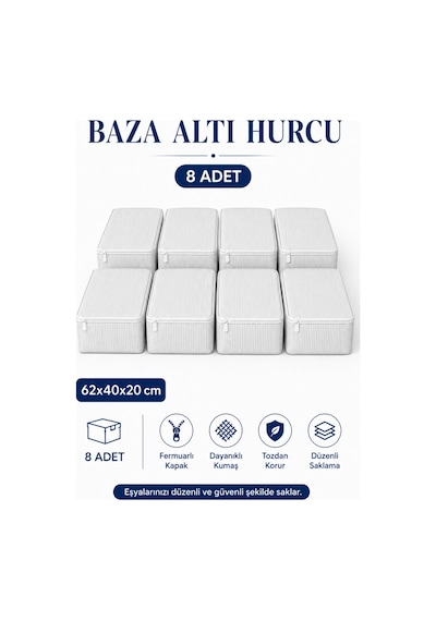 Hurç Seti Fermuarlı Çizgili Baza Altı Hurcu Yorgan Battaniye Kıyafet Saklama Organizeri 8'li Gri