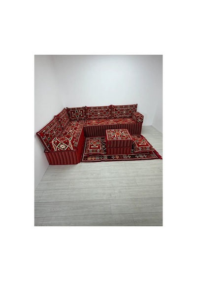 40 Cm Kalın Süngerli Kırmızı Anadolu Şark Köşesi - Kilim Desenli L Yer Minderi Seti