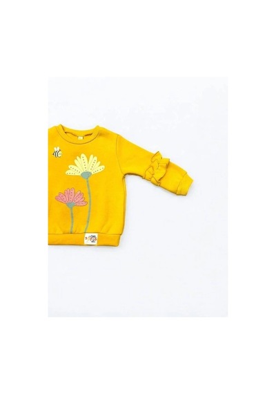 Kız Çocuk Kolları Fırfırlı İçi Şardonlu Çiçek Baskılı Sweatshirt-14348 HARDAL