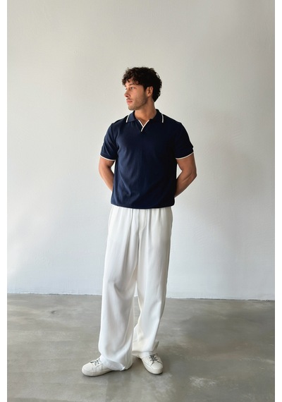 Flaw Polo Yaka Biyeli Triko Tişört-29003 Lacivert